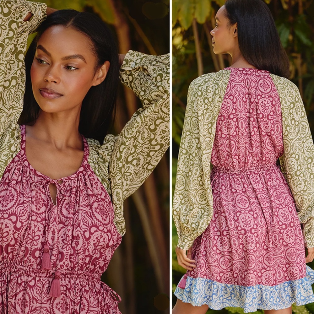 NWT Anthropologie Mahila Ling Sleeve Paisley Mixed Print Mini Peasant Dress